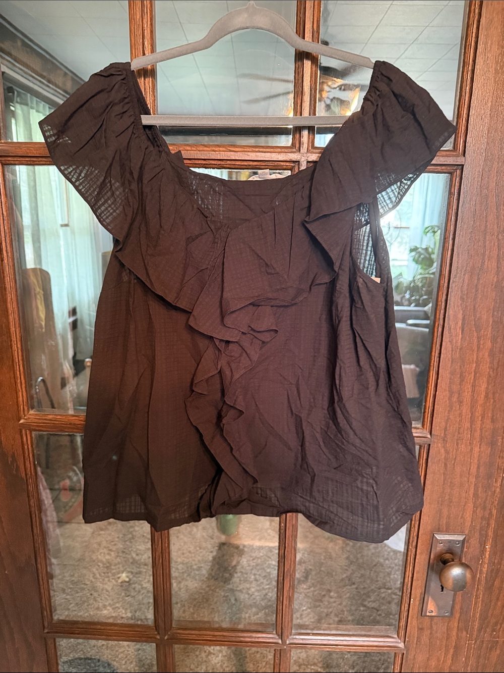 Terra & Sky Black Ruffle Off-Shoulder Blouse